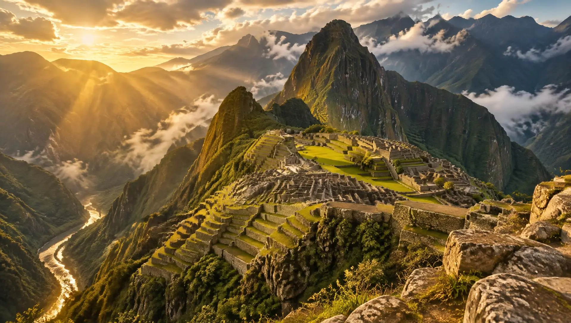 Machu Picchu in der goldenen Abendsonne, lichtdurchflutet mit Blick über das Urubamba-Tal