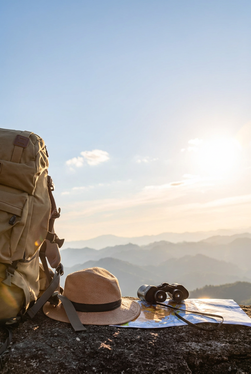 Abenteurerhut, Fernglas, Landkarte und Rucksack im goldenen Andenlicht