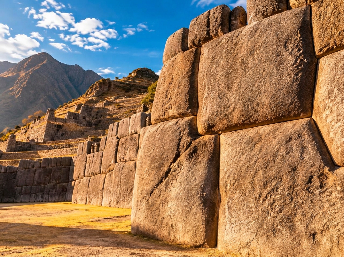 Präzise gefügte Megalith-Blöcke von Sacsayhuamán im goldenen Sonnenlicht