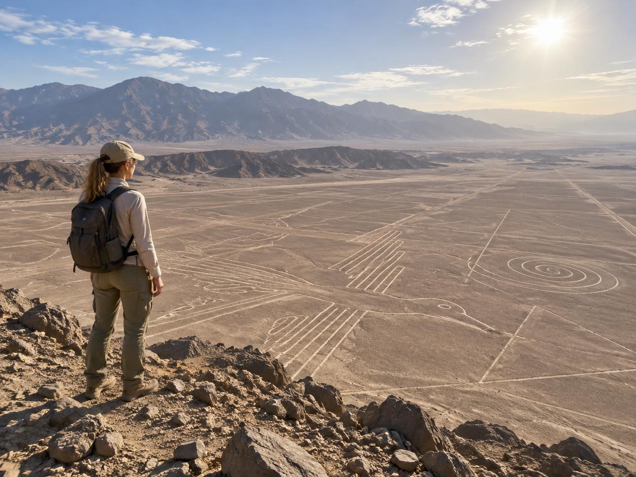 Forscherin auf einem Bergkamm blickt über die Nazca-Linien in der Wüste